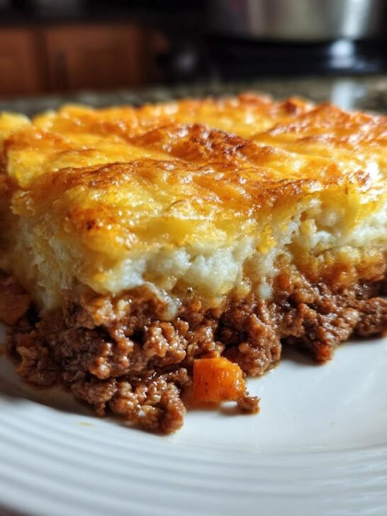 A thick slice of Big Mac Tater Casserole showing a ground beef layer and a golden, cheesy mashed potato topping.