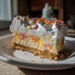 A close-up slice of Birthday Cake Lush Dessert featuring a graham cracker crust, creamy filling with colorful bits, and whipped topping with sprinkles.
