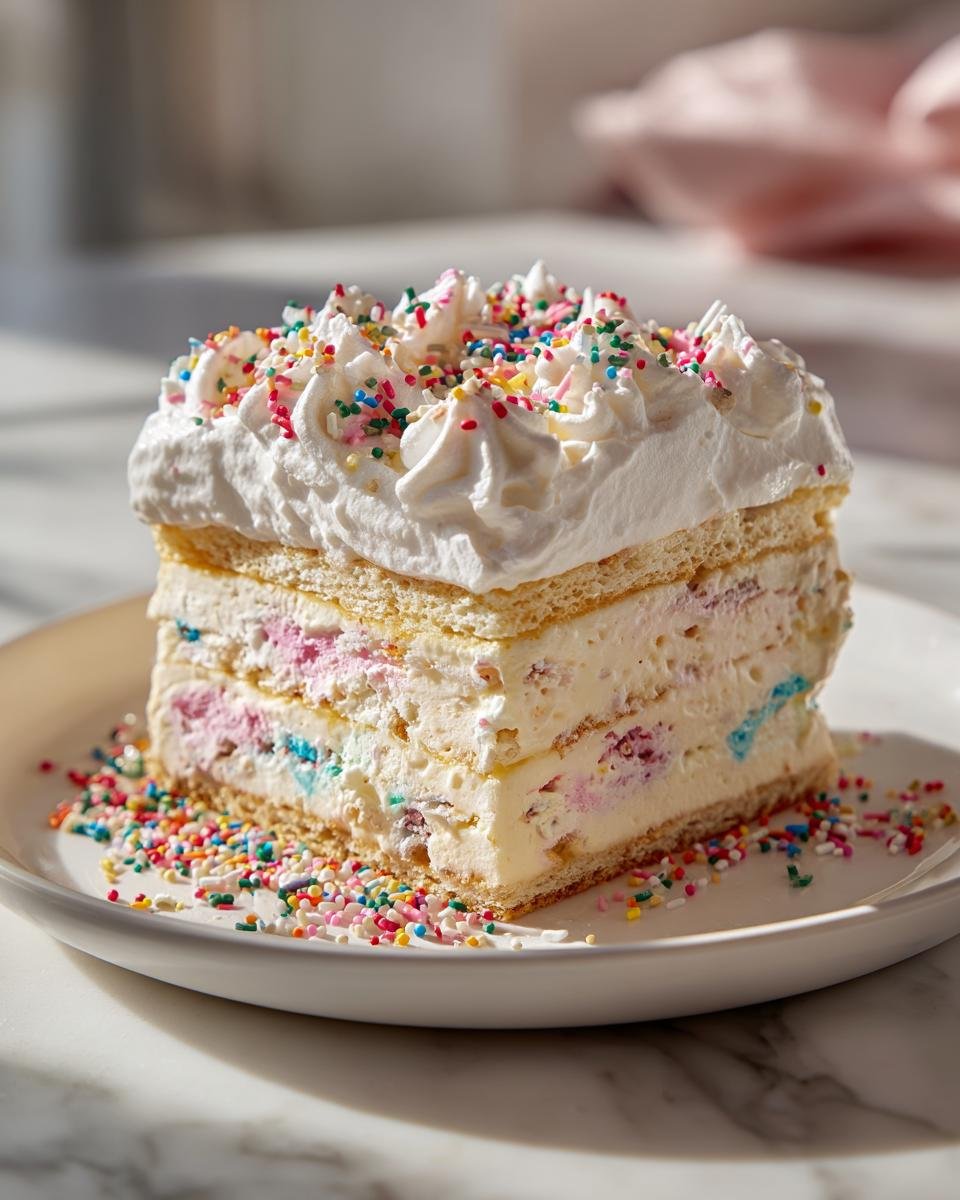 A tall slice of Birthday Cake Lush Dessert featuring layers of cake, creamy filling with colorful specks, topped with whipped cream and sprinkles.