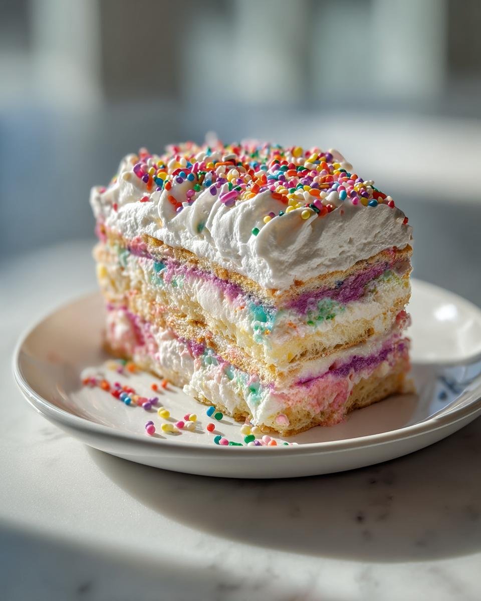 A tall slice of Birthday Cake Lush Dessert featuring colorful layers, white frosting, and rainbow sprinkles.