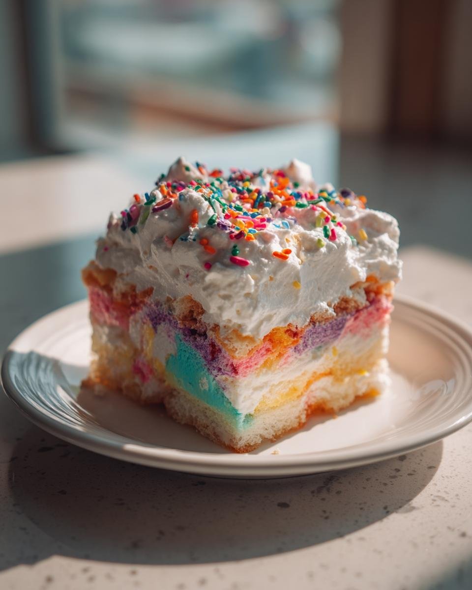 A colorful slice of Birthday Cake Lush Dessert topped with whipped cream and rainbow sprinkles.