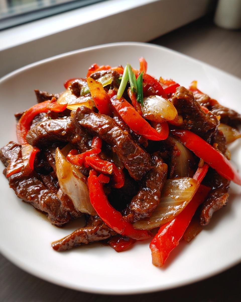 A close-up serving of glossy Black Pepper Beef Stir Fry with strips of red bell pepper and onion on a white plate.
