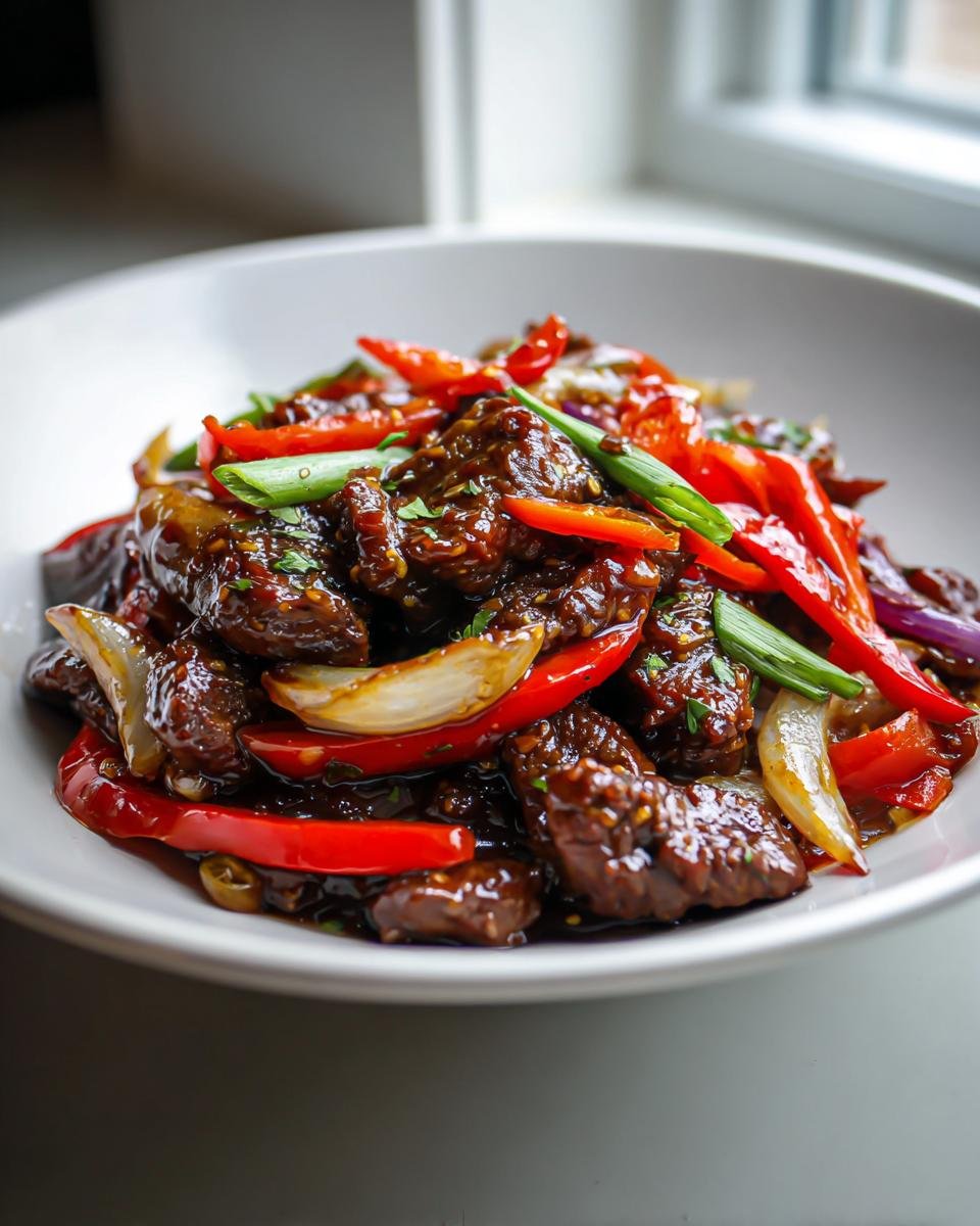 A close-up of glossy Black Pepper Beef Stir Fry featuring tender beef chunks, bright red peppers, and onions in a rich sauce.