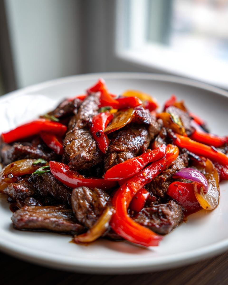 A close-up serving of glossy Black Pepper Beef Stir Fry mixed with bright red bell peppers and onions on a white plate.