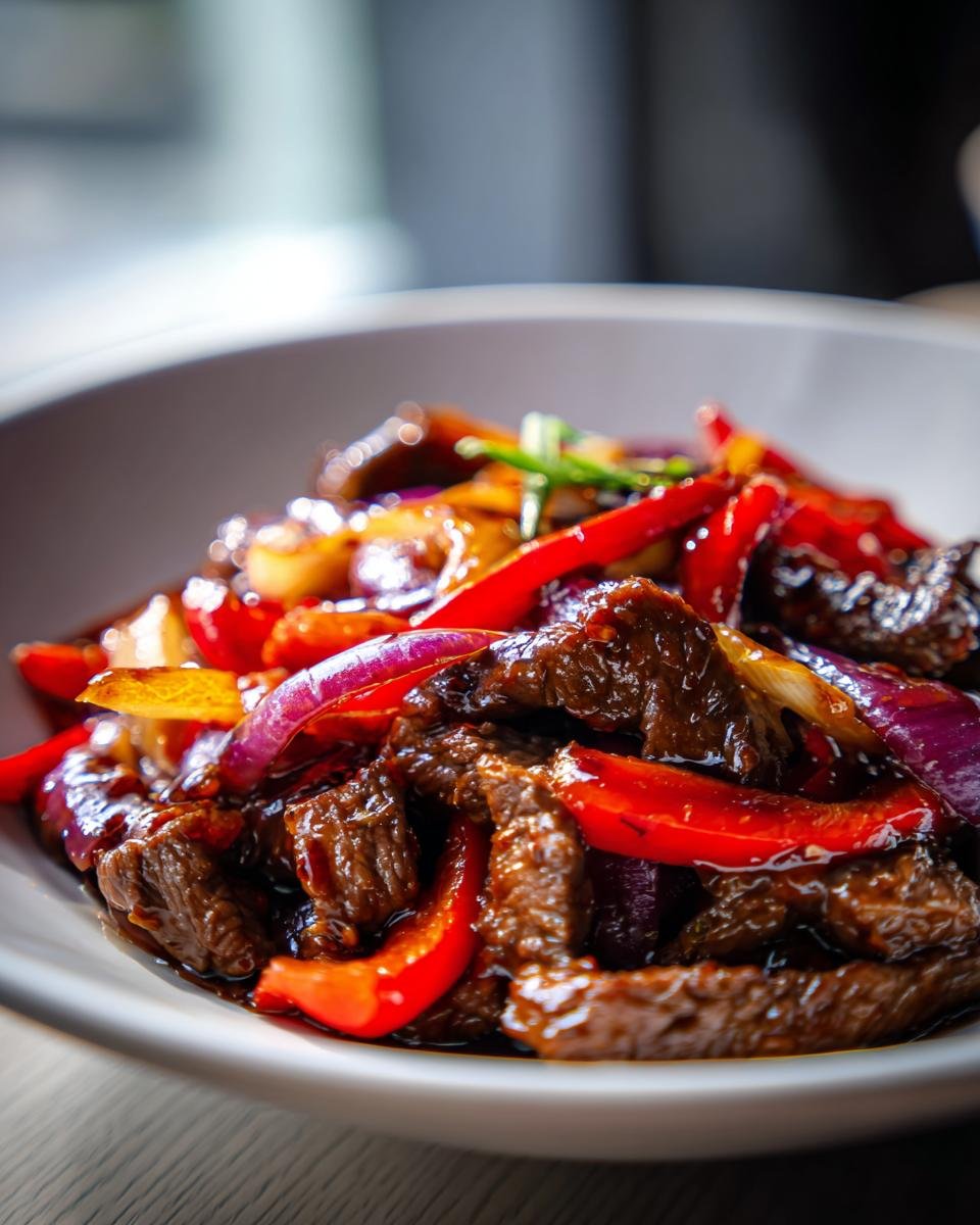 Close-up of glossy Black Pepper Beef Stir Fry mixed with vibrant red bell peppers and purple onions in a white bowl.