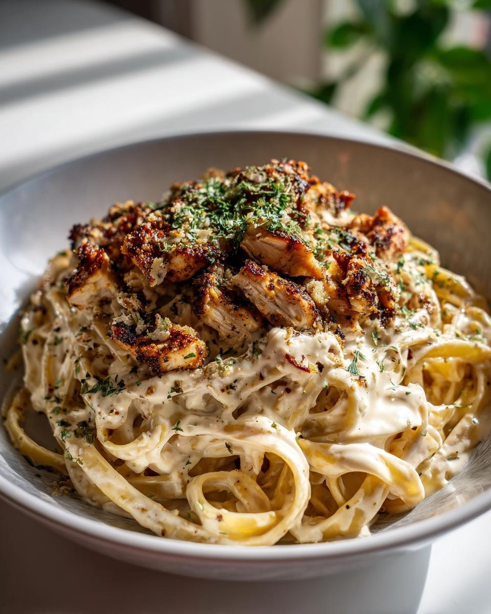 A close-up of fettuccine pasta coated in creamy sauce, topped with seasoned Blackened Cajun Chicken Alfredo pieces and fresh parsley.