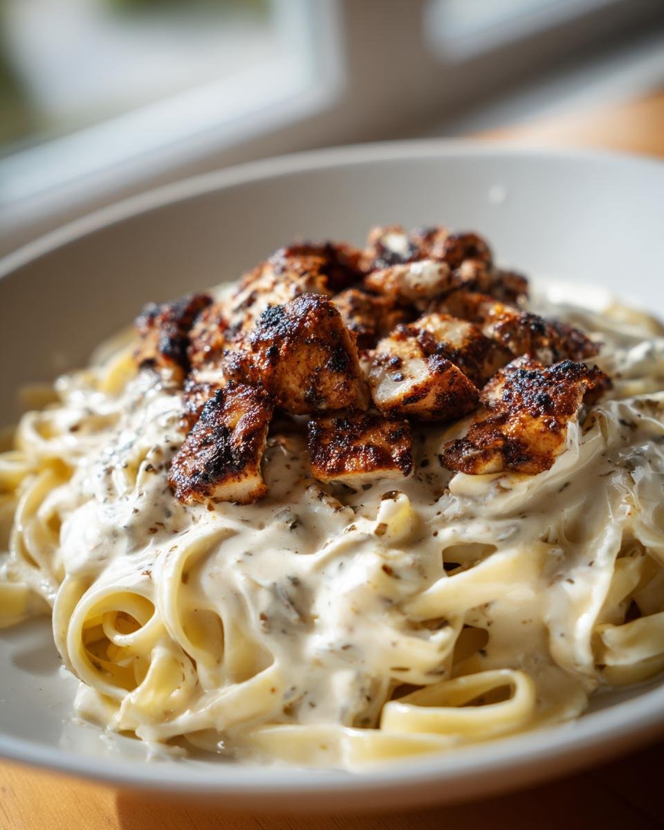 Close-up of Blackened Cajun Chicken Alfredo featuring blackened chicken pieces over creamy fettuccine pasta.