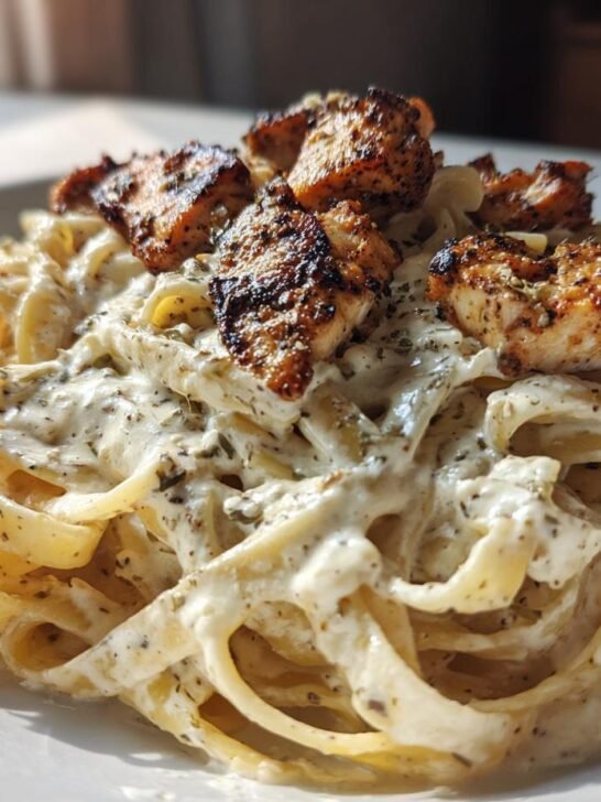Close-up of creamy fettuccine pasta topped with pieces of seasoned Blackened Cajun Chicken Alfredo.