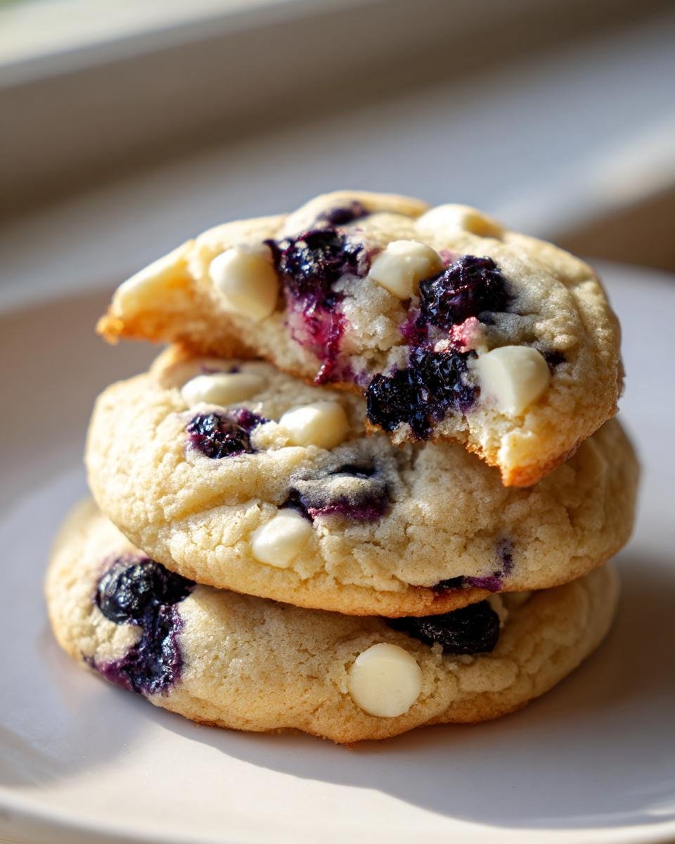A stack of three soft Blueberry White Chocolate Chip Cookies, one broken open to show the gooey center.