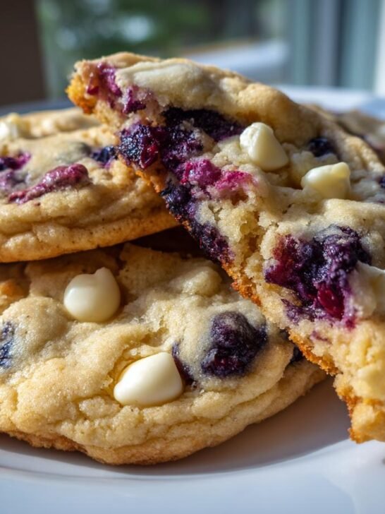 Close-up of soft, chewy Blueberry White Chocolate Chip Cookies, one broken open showing the gooey center.