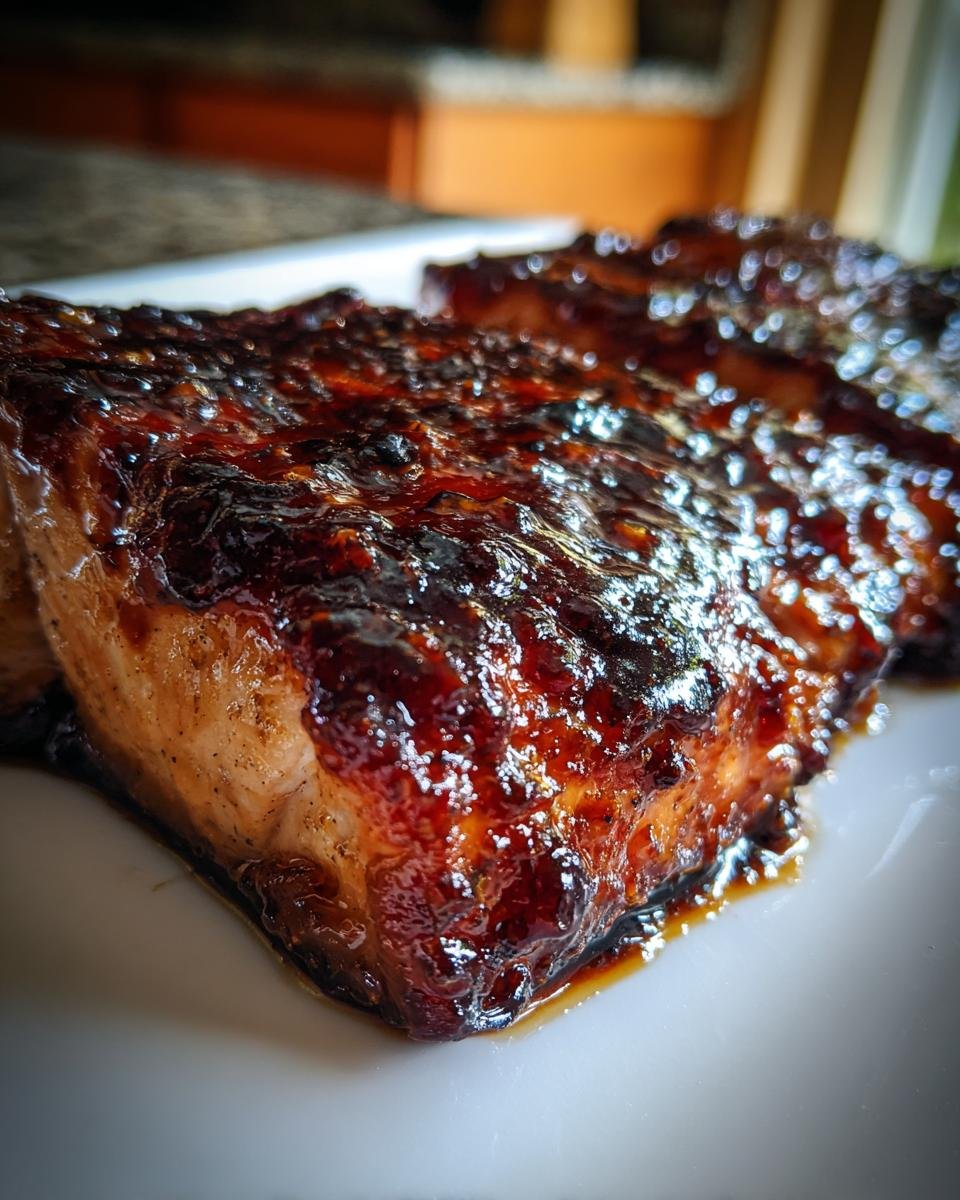 Close-up of a perfectly cooked fillet of Bourbon Glazed Salmon with a thick, dark, shiny glaze.