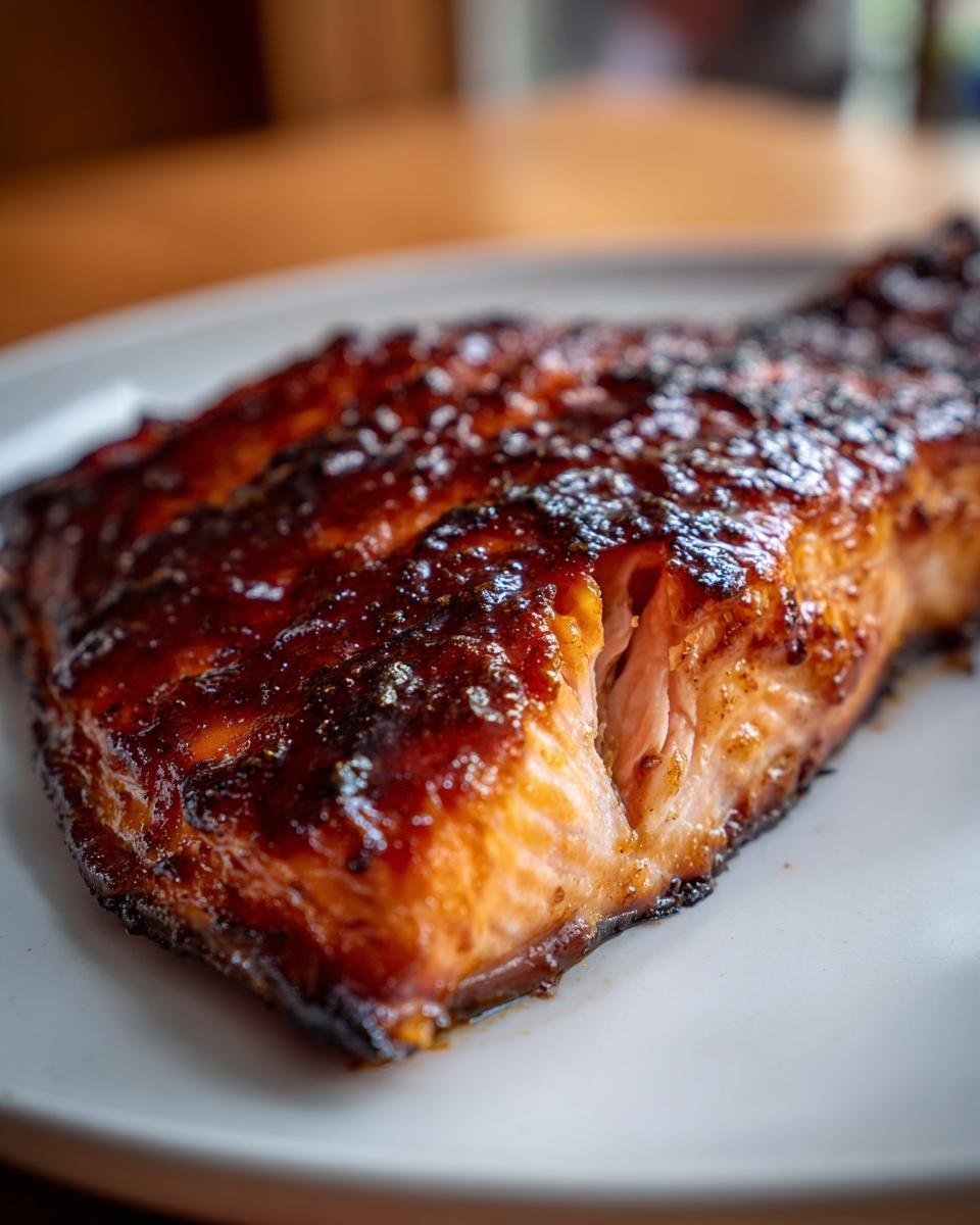 A close-up of a perfectly cooked fillet of Bourbon Glazed Salmon with a dark, caramelized, sticky glaze.