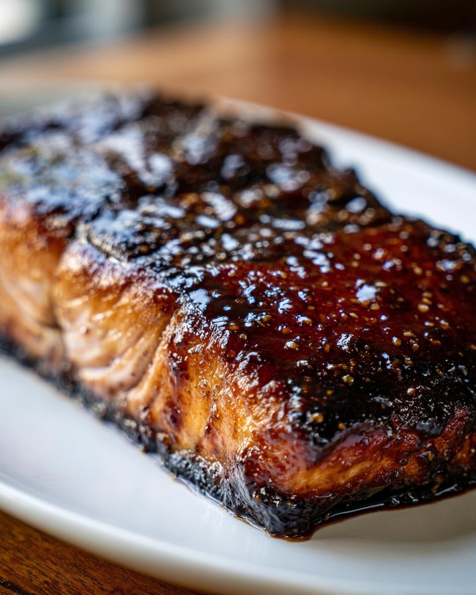 A close-up, appetizing shot of a thick salmon fillet covered in a dark, shiny Bourbon Glazed Salmon sauce.