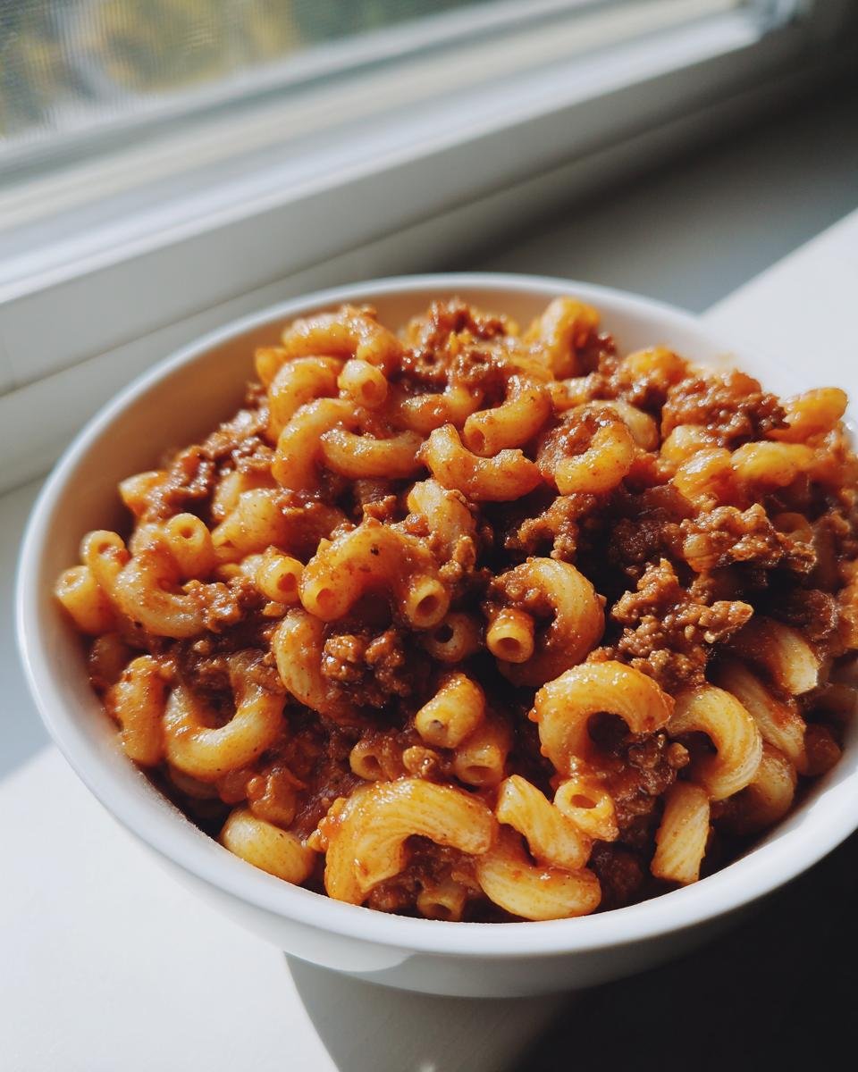 Close-up of a white bowl filled with saucy American Chop Suey featuring elbow macaroni and ground meat.