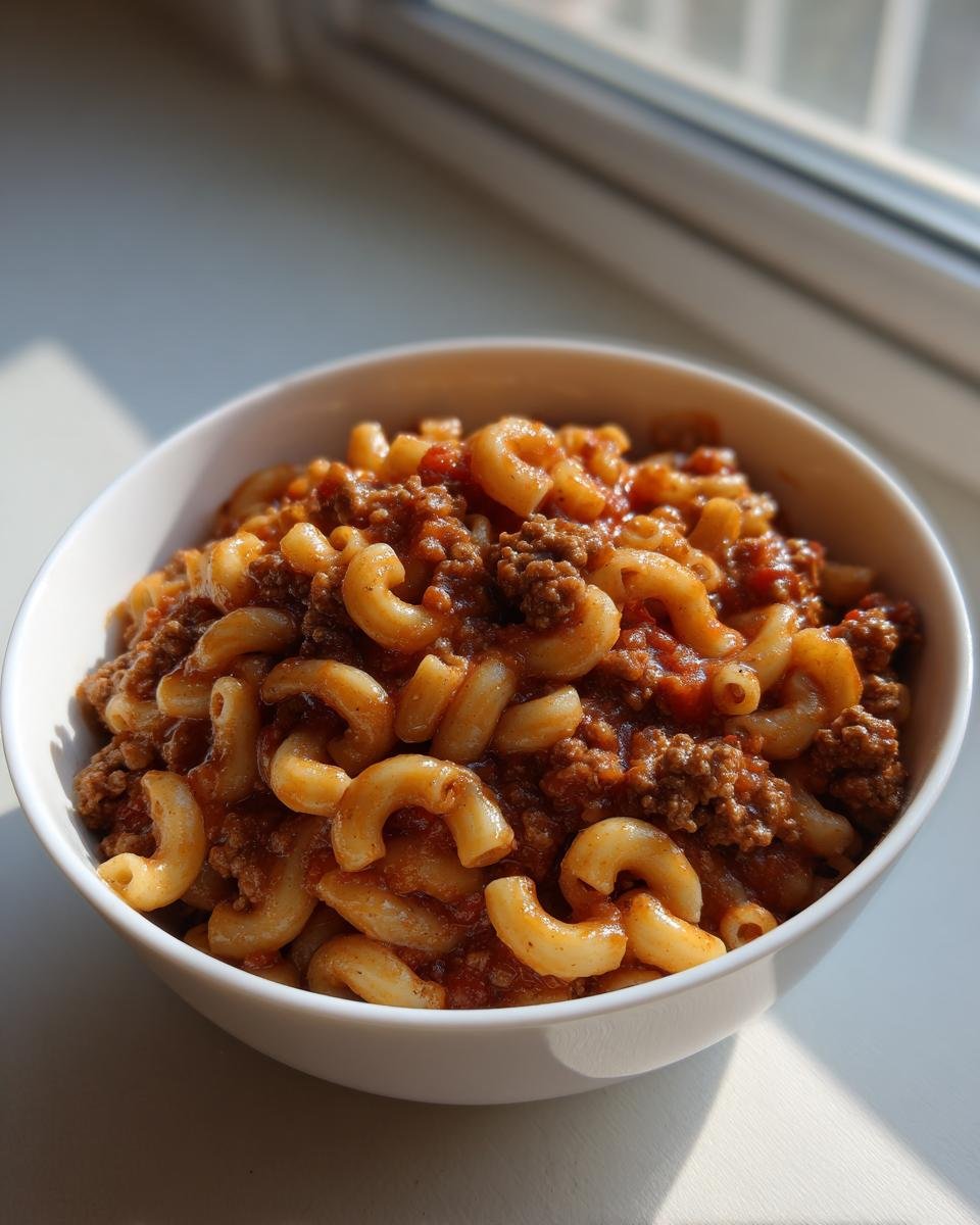A white bowl filled with rich American Chop Suey featuring elbow macaroni mixed in a savory tomato and ground beef sauce.