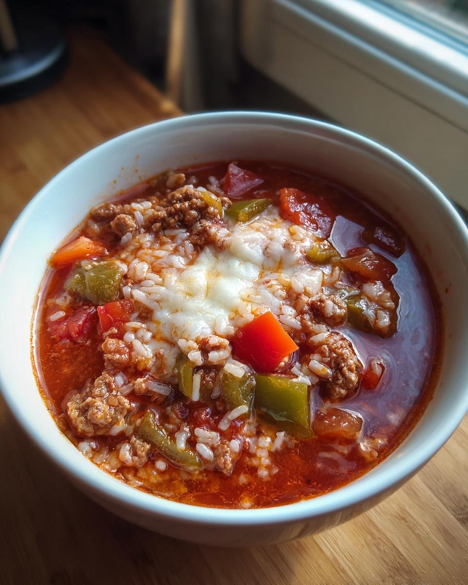 Close-up of a hearty bowl of Stuffed Pepper Soup topped with melted white cheese, ground meat, rice, and colorful peppers.