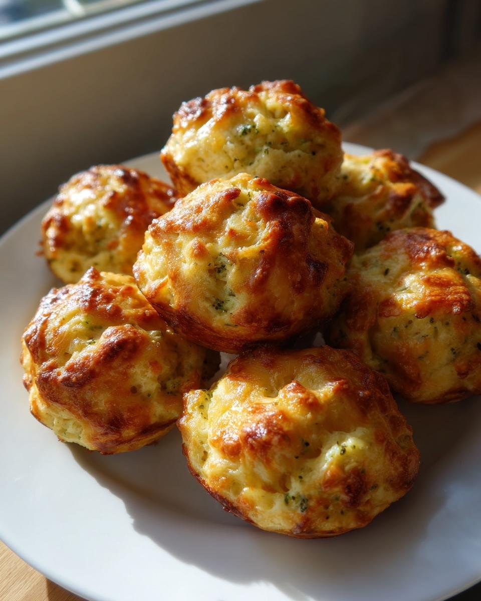 A pile of freshly baked, golden-brown Broccoli Cheese Balls with visible green flecks of broccoli on a white plate.
