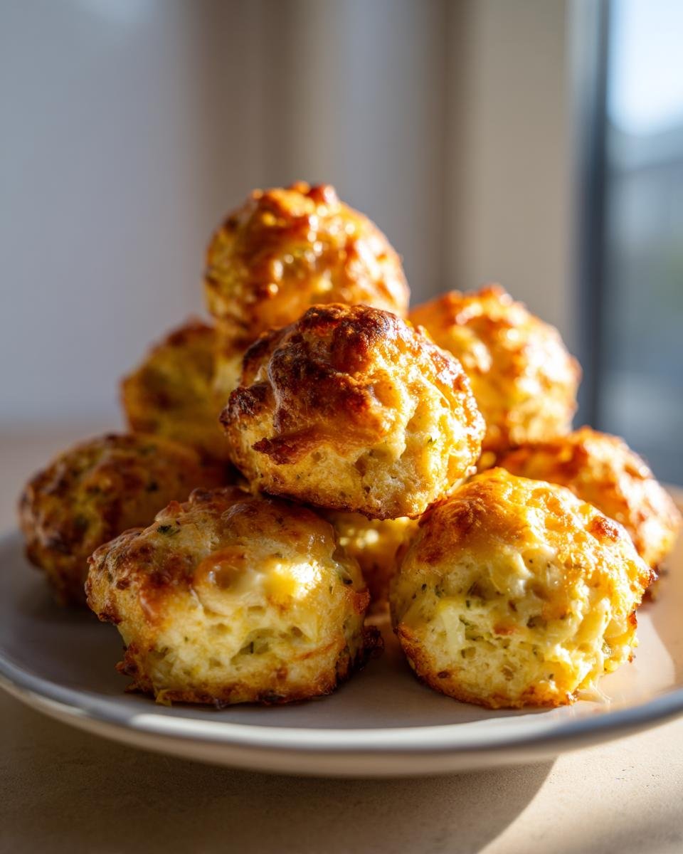 A stack of golden brown, freshly baked Broccoli Cheese Balls piled high on a white plate.