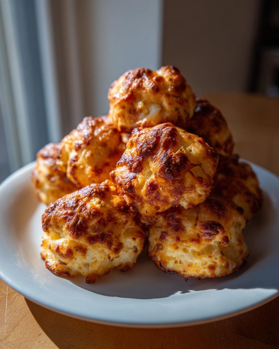 A stack of freshly baked, golden-brown Broccoli Cheese Balls piled high on a white plate.