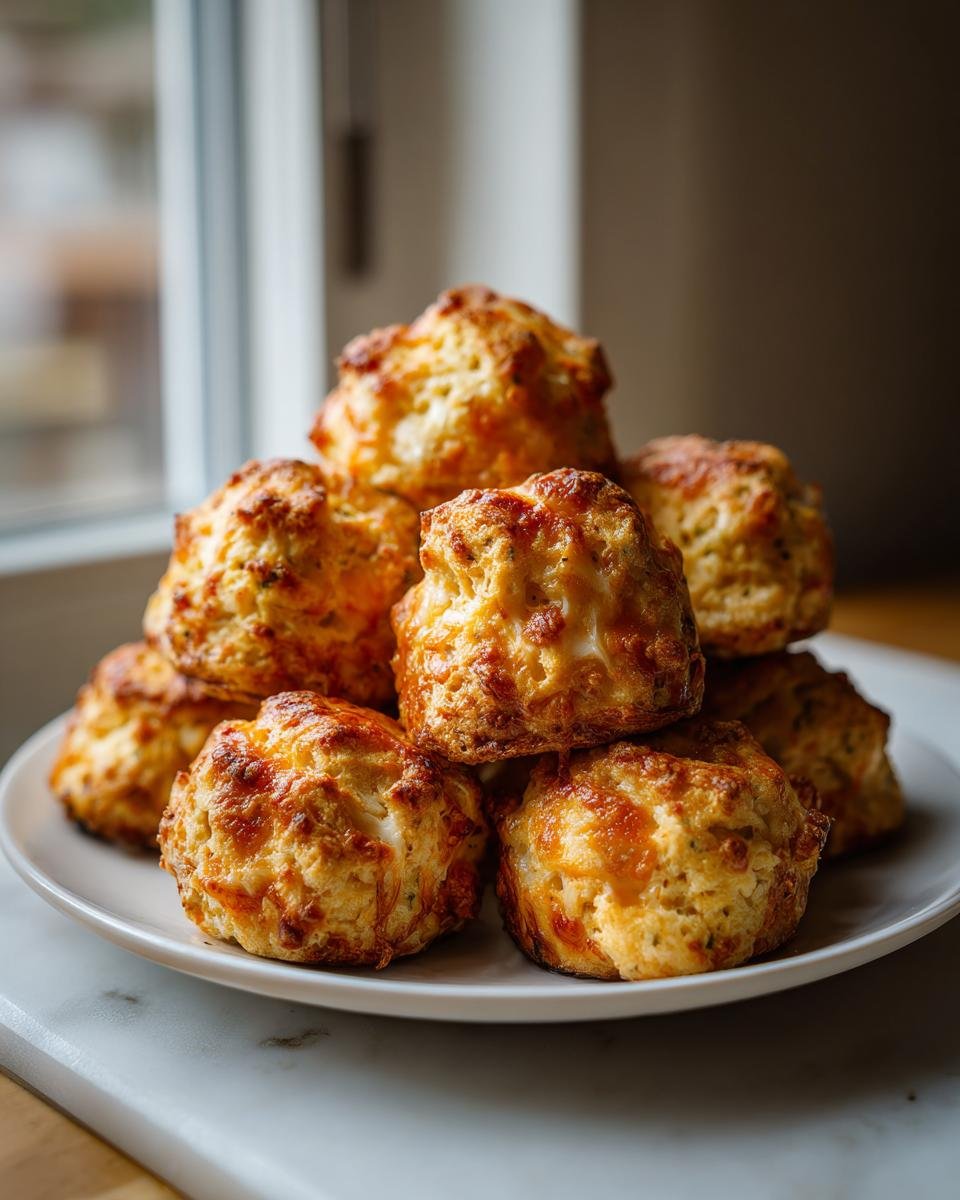 A stack of freshly baked, golden-brown Broccoli Cheese Balls piled high on a white plate near a window.