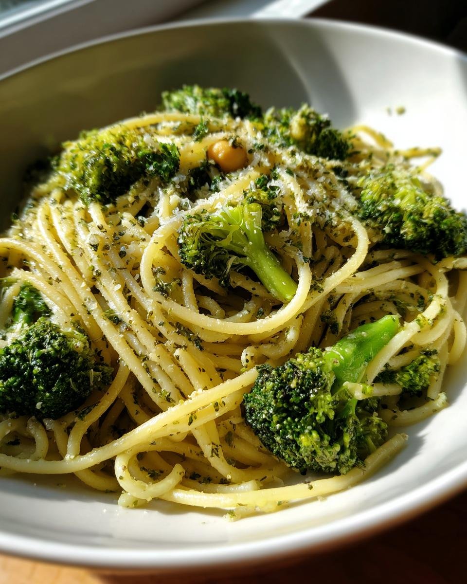 Close-up of Broccoli Chickpea Pasta With Garlic Olive Oil, featuring spaghetti, bright green broccoli florets, and grated cheese.