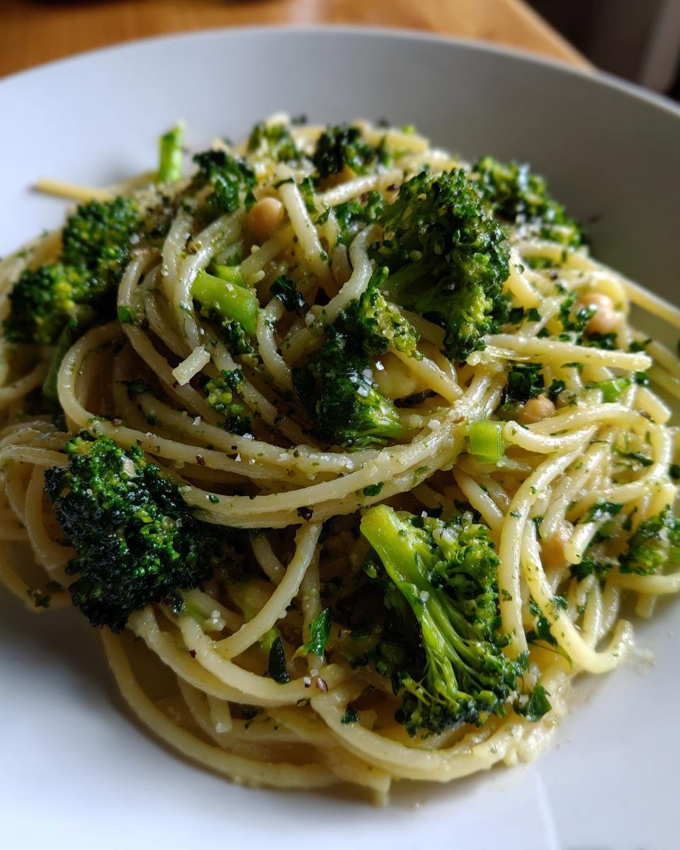 Close-up of a serving of Broccoli Chickpea Pasta With Garlic Olive Oil, featuring spaghetti, bright green broccoli florets, and chickpeas.