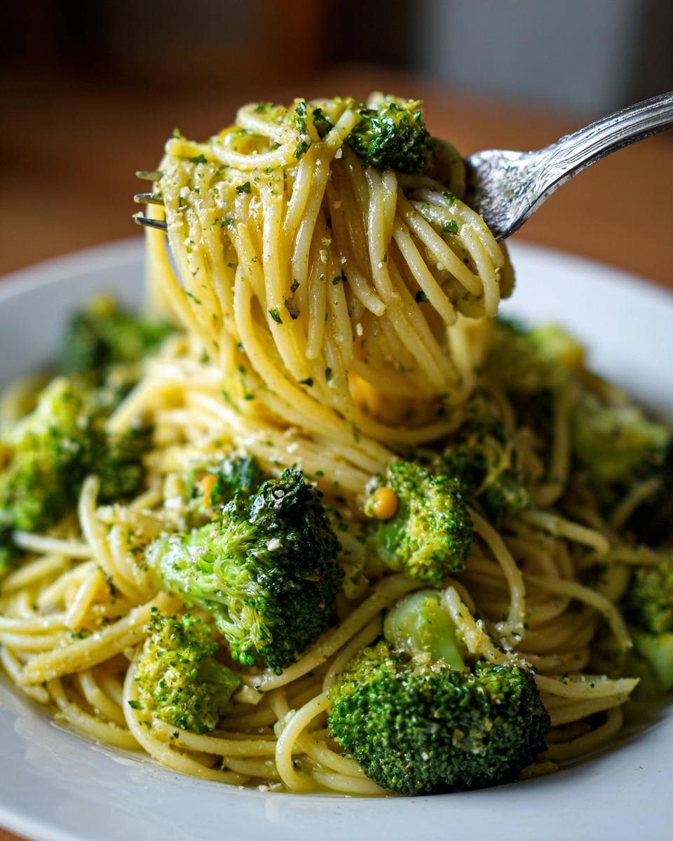 A fork twirls spaghetti noodles mixed with broccoli florets in Broccoli Chickpea Pasta With Garlic Olive Oil.