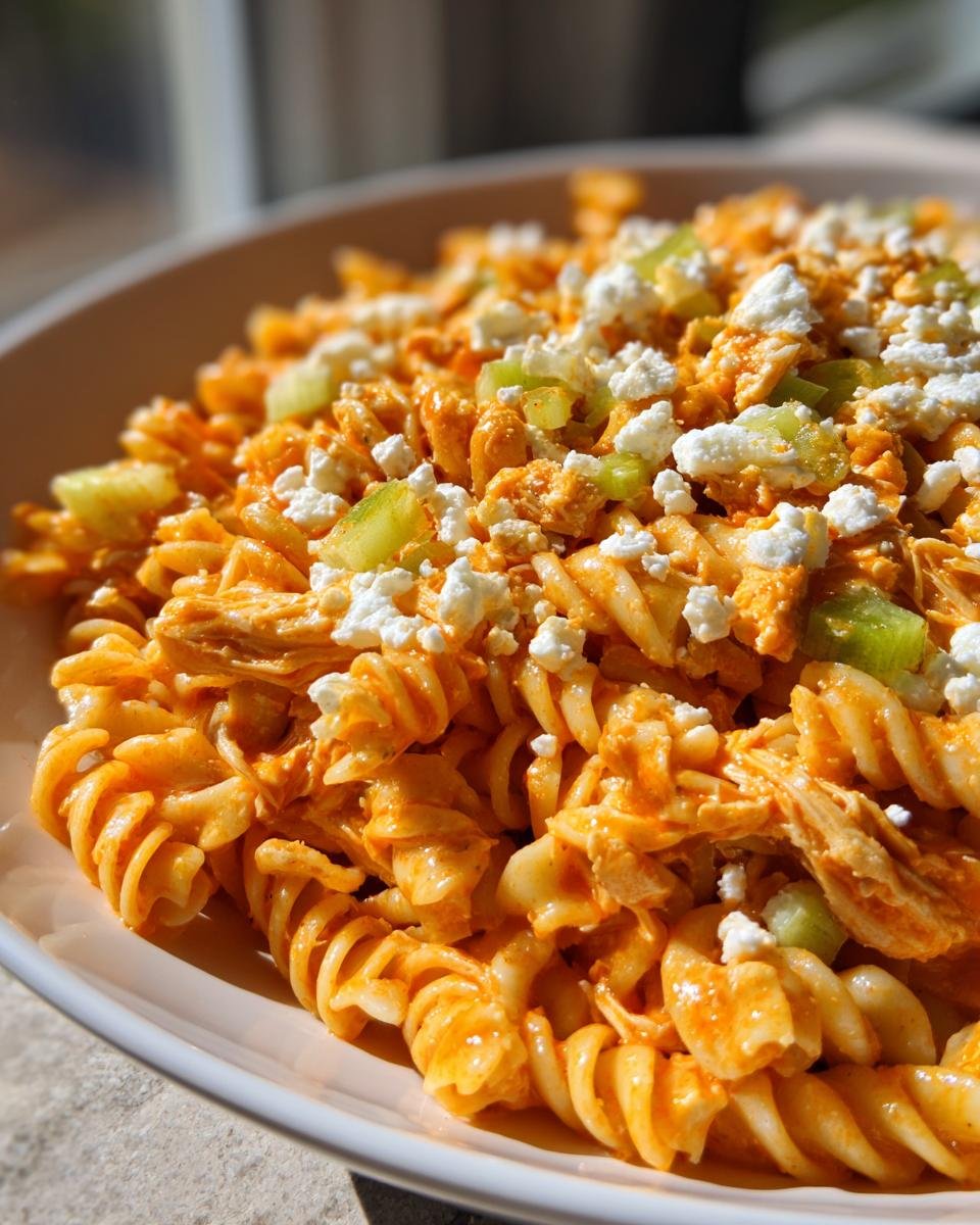 Close-up of rotini pasta coated in orange buffalo sauce with shredded chicken, topped with crumbled feta cheese and diced celery in a Buffalo Chicken Pasta Salad.