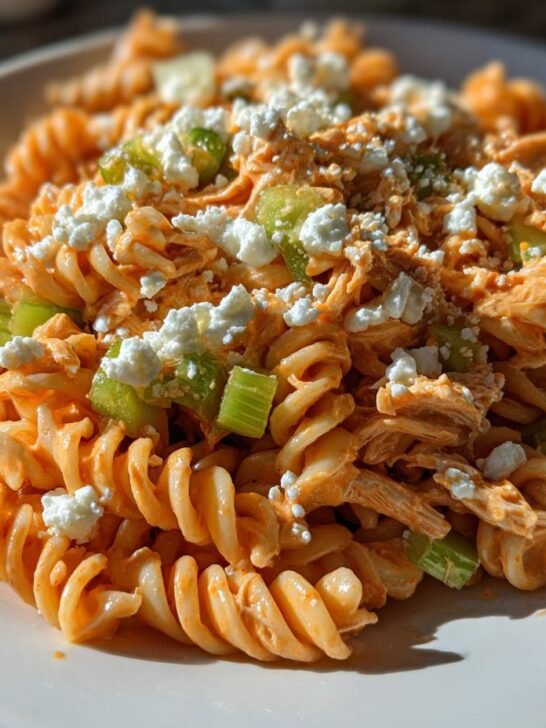 A close-up of Buffalo Chicken Pasta Salad featuring rotini pasta tossed in orange sauce, topped with celery and crumbled white cheese.