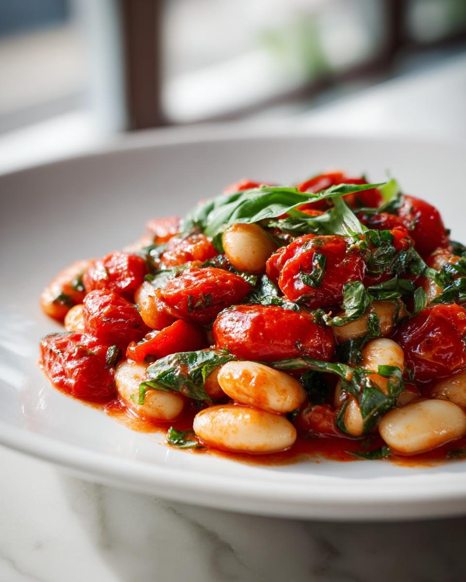 A close-up serving of Burst Tomato Basil Butter Beans in a rich red sauce with fresh basil garnish.