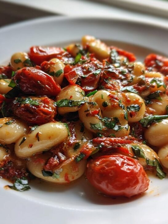 A close-up of Burst Tomato Basil Butter Beans served on a white plate, glistening with sauce and fresh herbs.