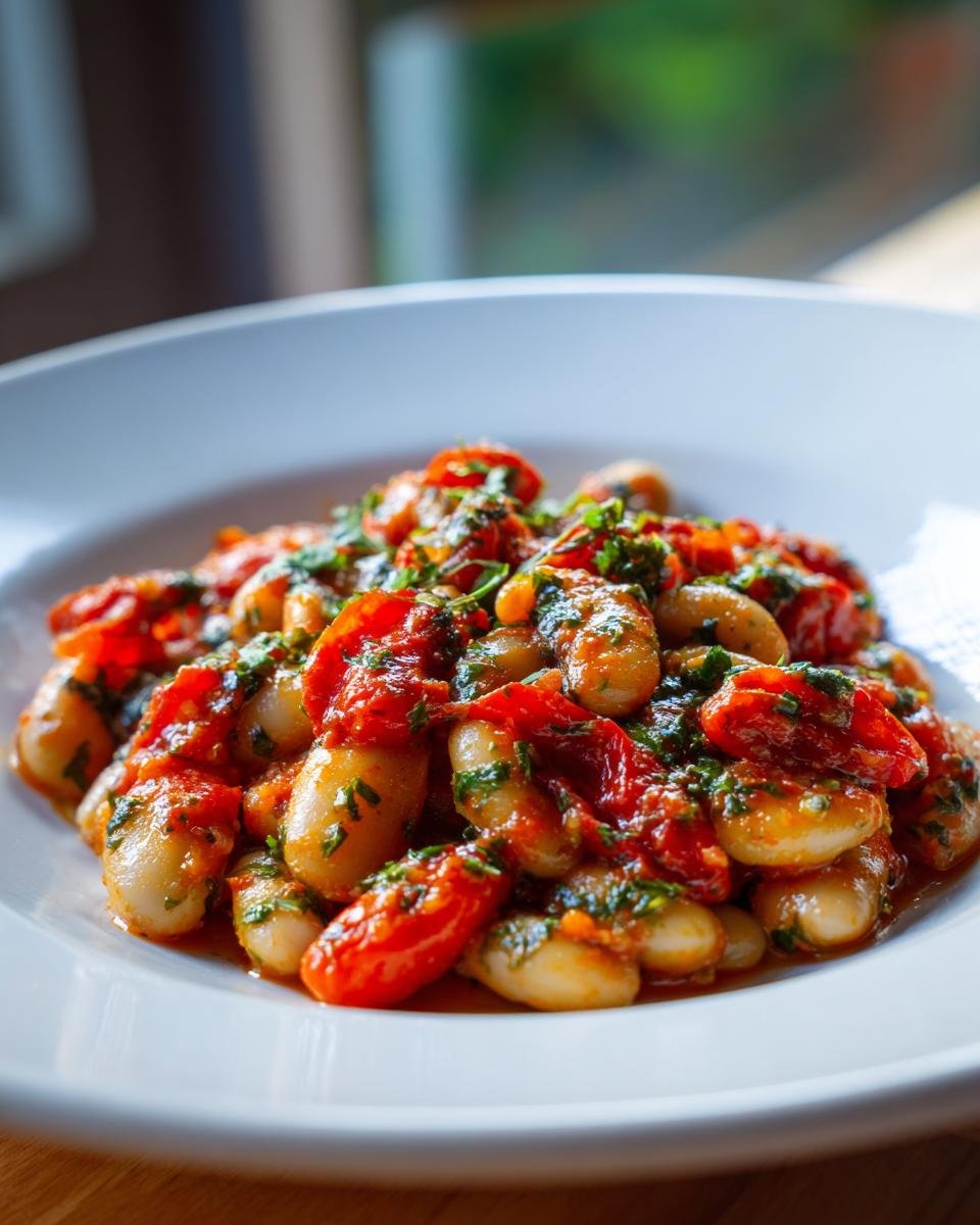 A close-up of Burst Tomato Basil Butter Beans served in a white bowl, coated in rich tomato sauce and fresh herbs.