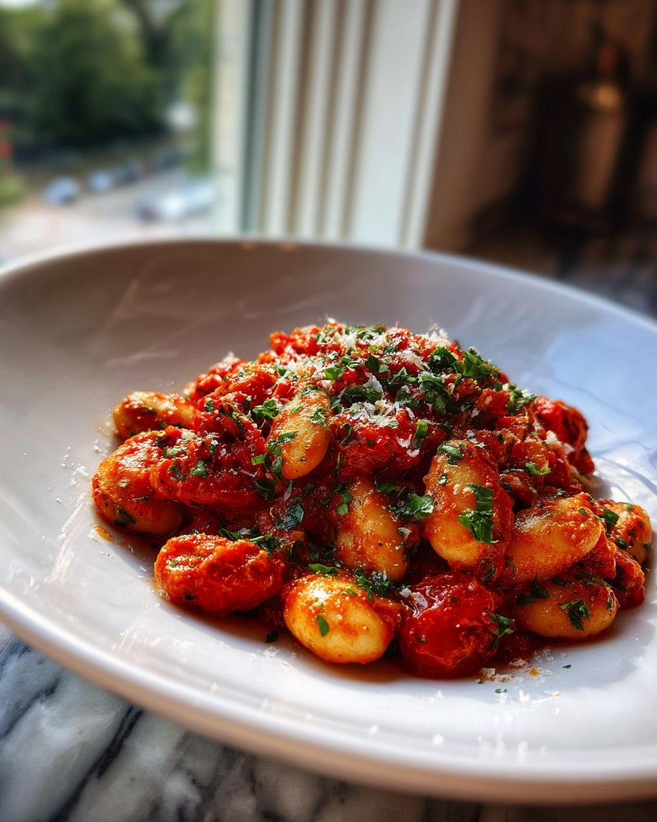 A serving of Burst Tomato Basil Butter Beans topped with grated cheese and fresh parsley in a white bowl.