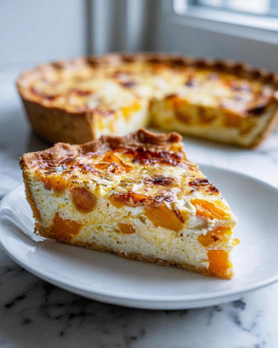A close-up slice of Butternut Squash Quiche featuring creamy filling and chunks of orange squash, served on a white plate.
