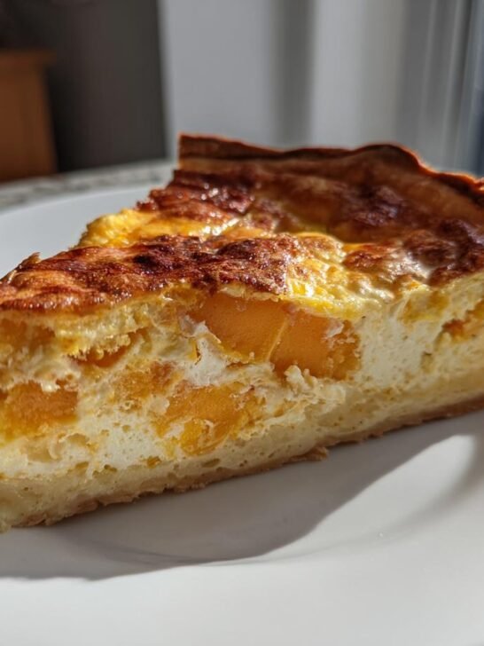 A golden-brown slice of Butternut Squash Quiche resting on a white plate, showing chunks of orange squash in the creamy filling.