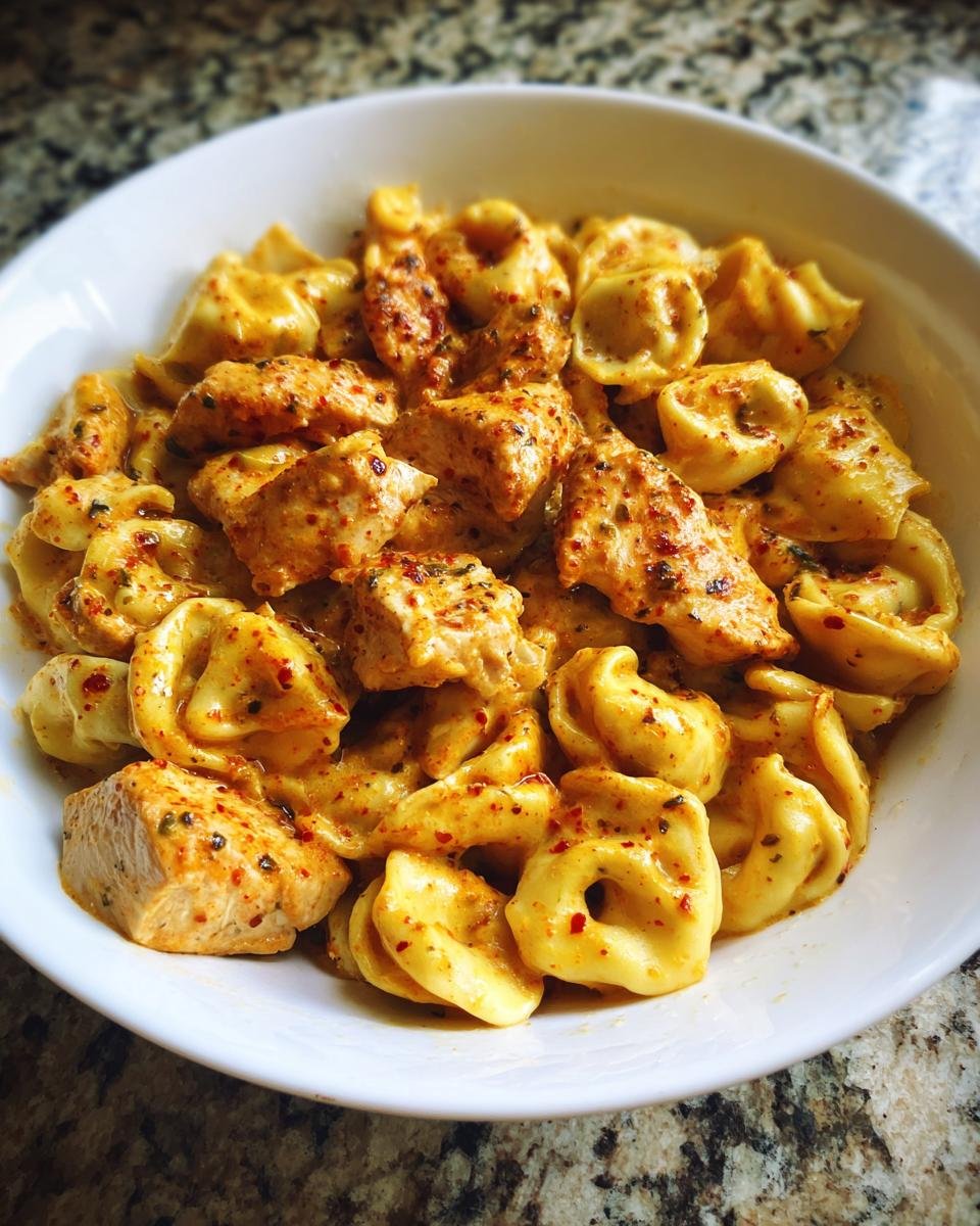 Close-up of Cajun Chicken Tortellini With Creamy Garlic Sauce, seasoned with red pepper flakes.