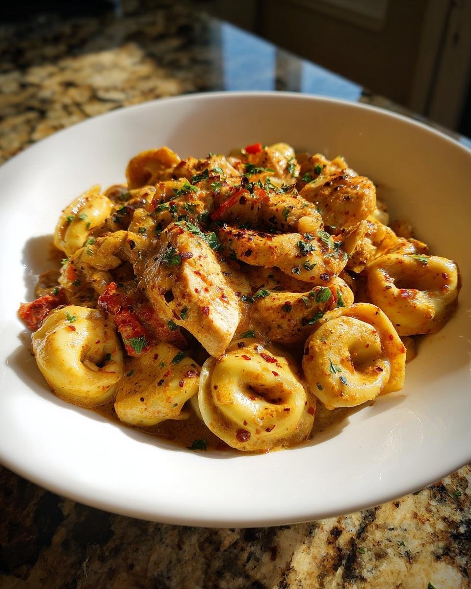 A close-up of Cajun Chicken Tortellini With Creamy Garlic Sauce garnished with parsley in a white bowl.