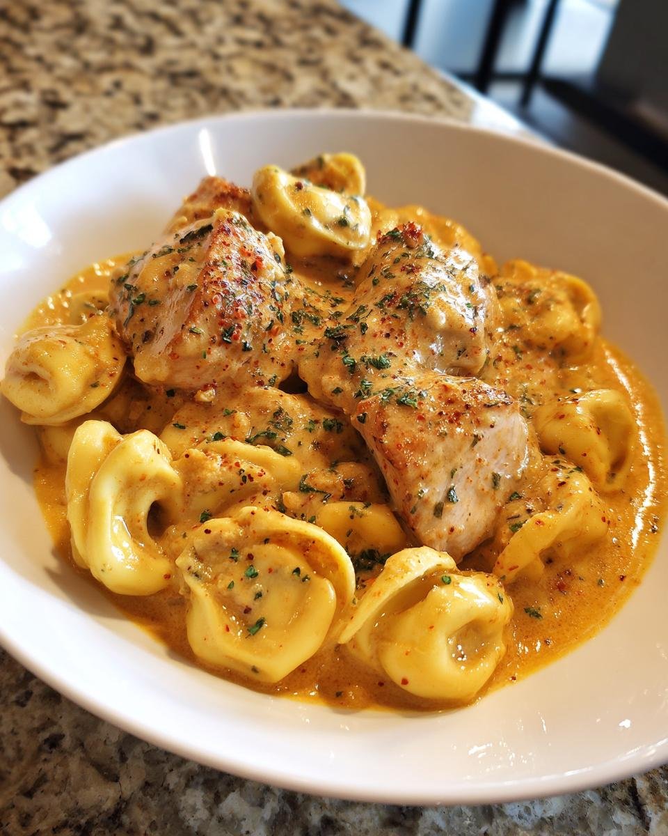 A close-up of Cajun Chicken Tortellini With Creamy Garlic Sauce, featuring pieces of seasoned chicken over tortellini pasta.