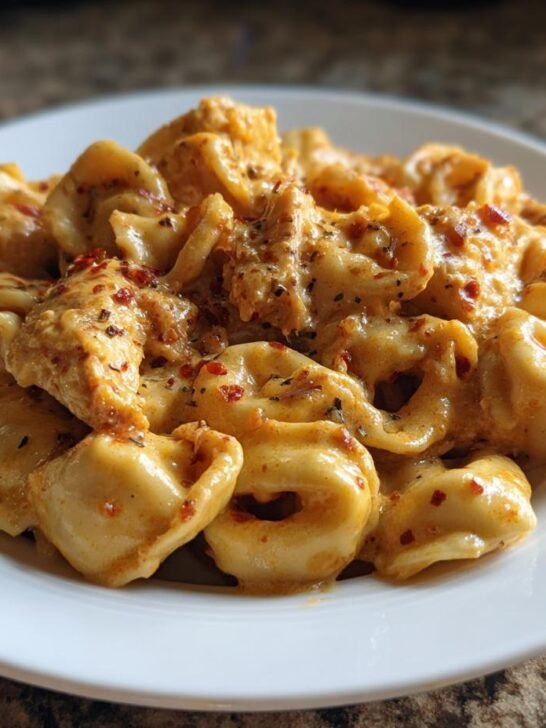 A close-up of Cajun Chicken Tortellini With Creamy Garlic Sauce served on a white plate, topped with red pepper flakes.