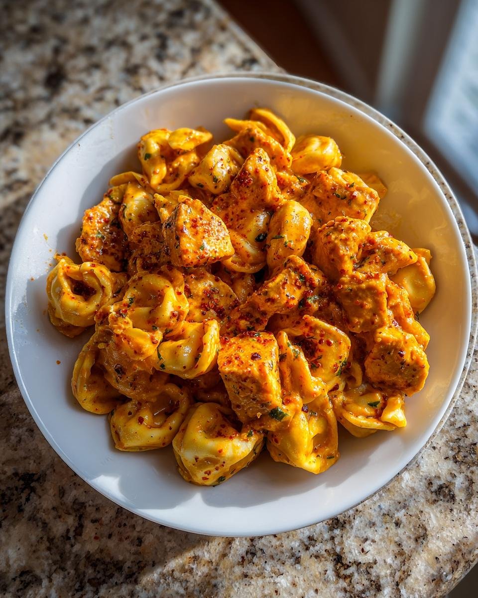 A white bowl filled with Cajun Chicken Tortellini With Creamy Garlic Sauce, showing chunks of chicken and pasta coated in a rich, orange sauce.