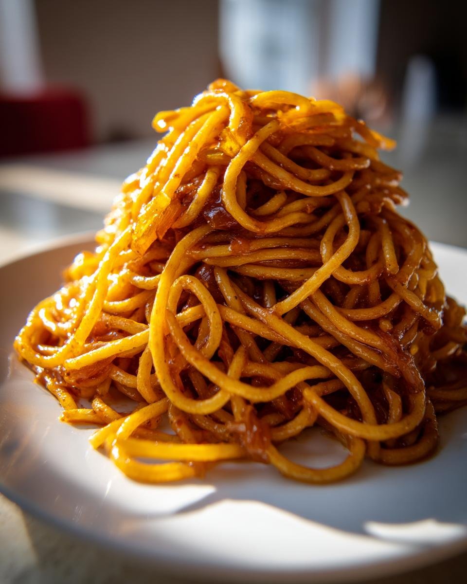 A close-up of a mound of spaghetti coated in a rich, savory sauce, representing Caramelized Onion Pasta.