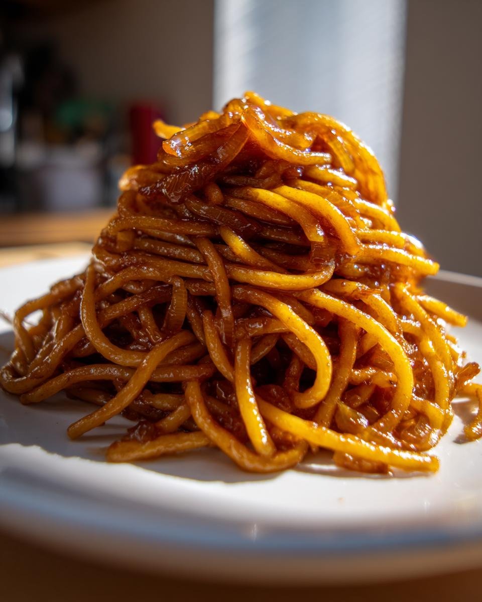 A close-up of a mound of glossy Caramelized Onion Pasta, coated in a dark, rich sauce, served on a white plate.
