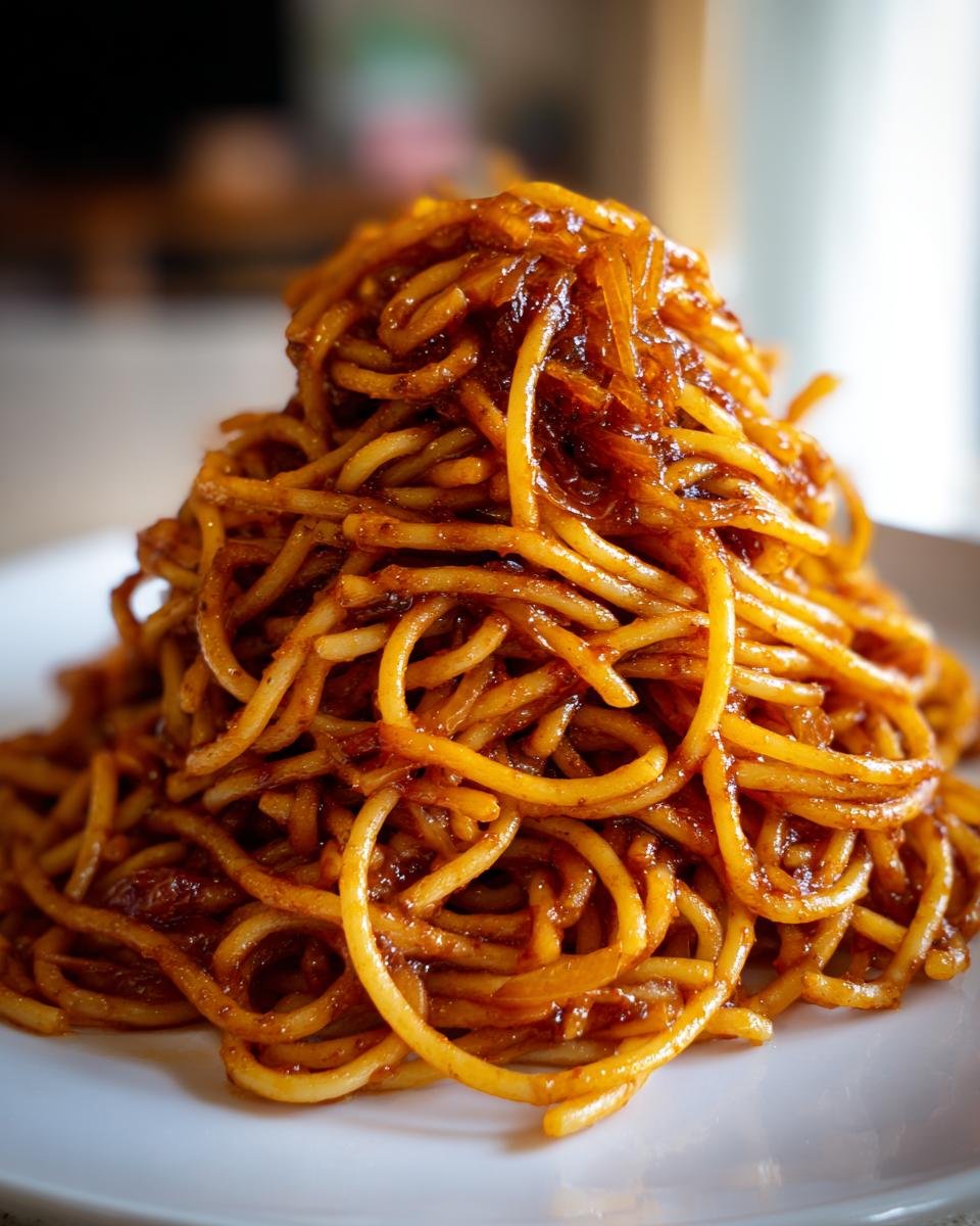 A close-up of a mound of spaghetti tossed in a rich, dark sauce featuring caramelized onion pasta.
