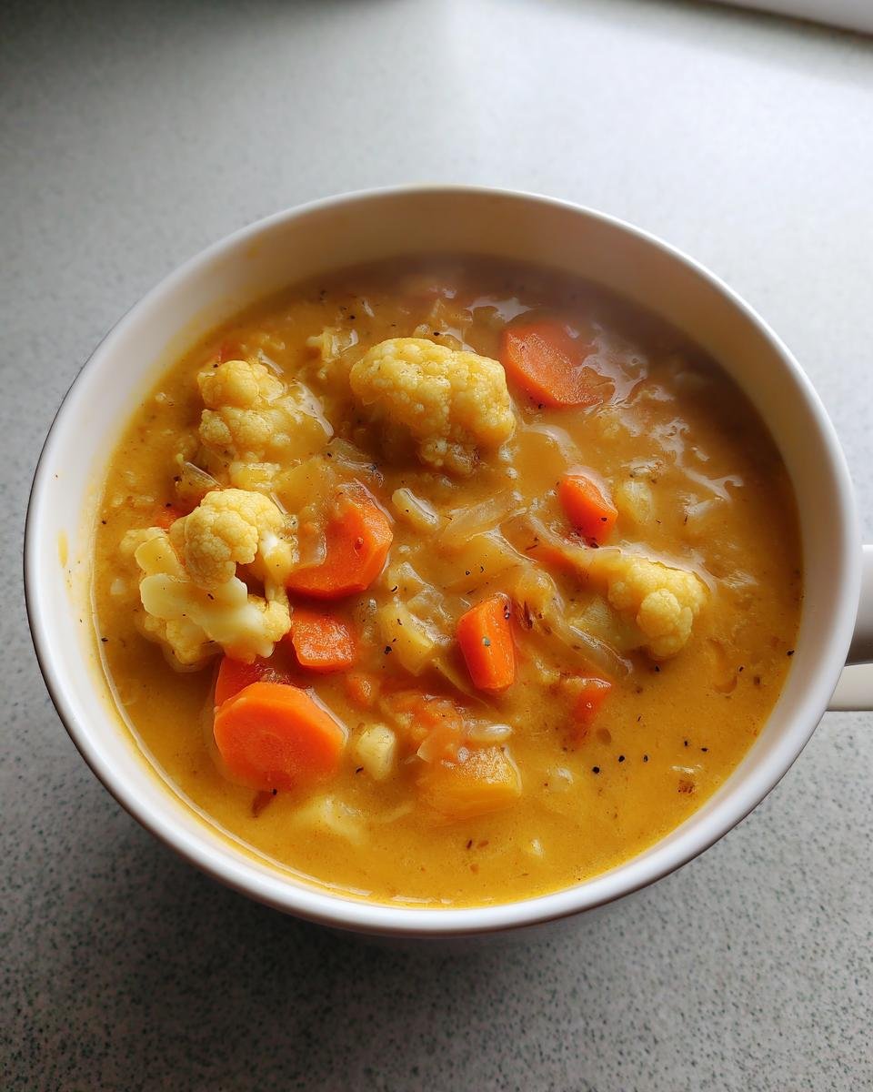 Close-up of a creamy, orange-hued Cauliflower Cheddar Vegetable Soup with visible chunks of cauliflower and carrots.