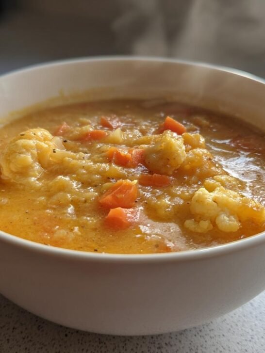 Close-up of a white bowl filled with steaming Cauliflower Cheddar Vegetable Soup, featuring chunks of cauliflower and carrots.