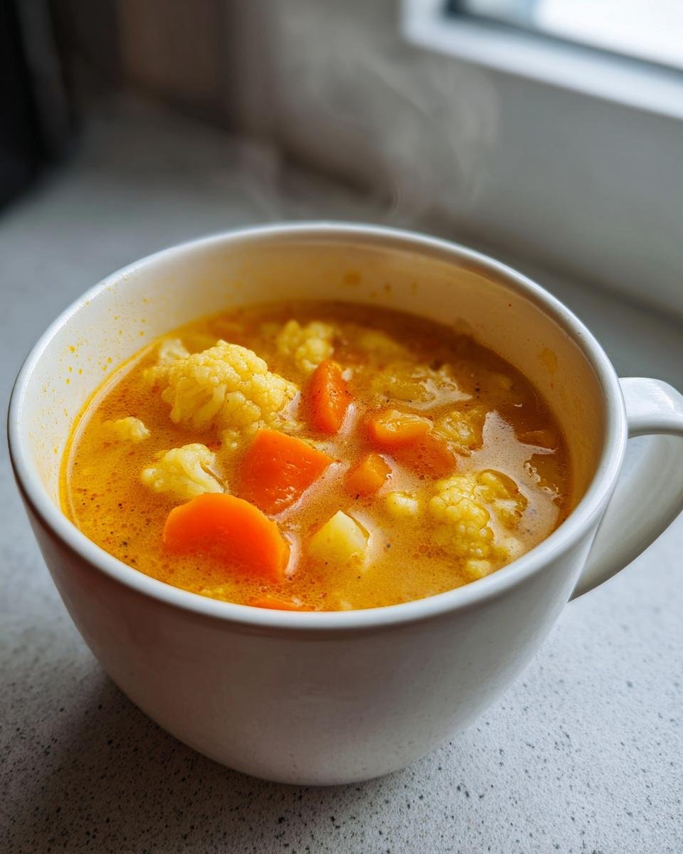 Close-up of steaming Cauliflower Cheddar Vegetable Soup with visible chunks of carrots and cauliflower in a white mug.