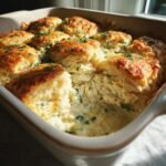 Close-up of a baked Cheddar Bay Biscuit Seafood Pot Pie with golden biscuits topping a creamy filling.