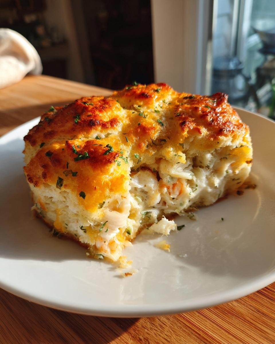 A cross-section of a Cheddar Bay Biscuit Seafood Pot Pie showing creamy filling and cheesy topping.