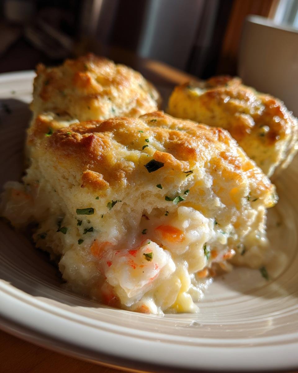 A piece of Cheddar Bay Biscuit Seafood Pot Pie showing the creamy filling with shrimp spilling out.