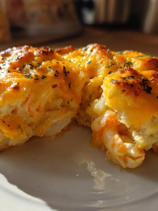 A cross-section of Cheddar Bay Biscuit Seafood Pot Pie showing shrimp filling under melted, browned cheddar cheese.